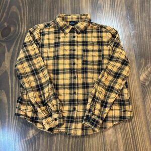 DISNEY Womens Medium Mickey Mouse Flannel Shirt Yellow Black Plaid Button Front
